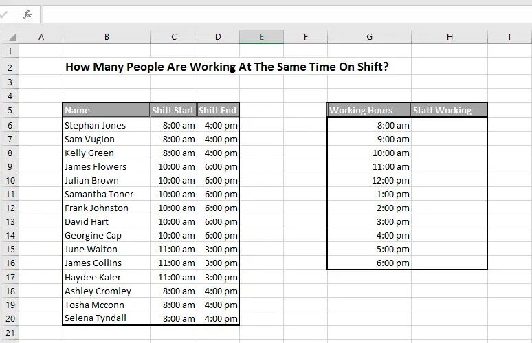 Excel COUNTIFS FUNCTION TO CALCULATE STAFF COVERAGE ON SHIFT