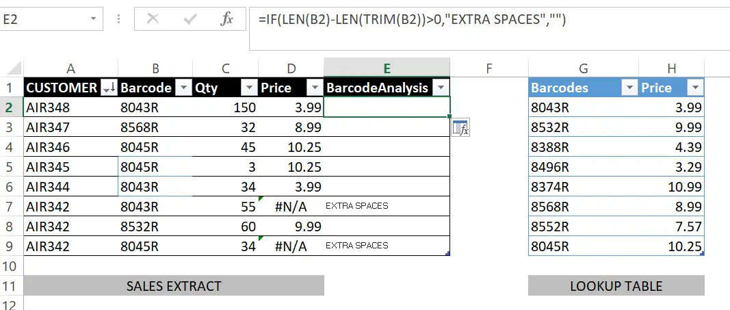 Excel function to trim extra spaces