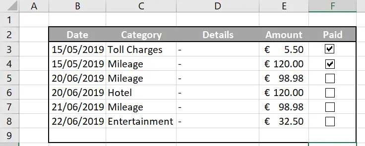 check box in Excel