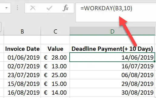 Add working days to a deadline date without  holidays.  Workday function